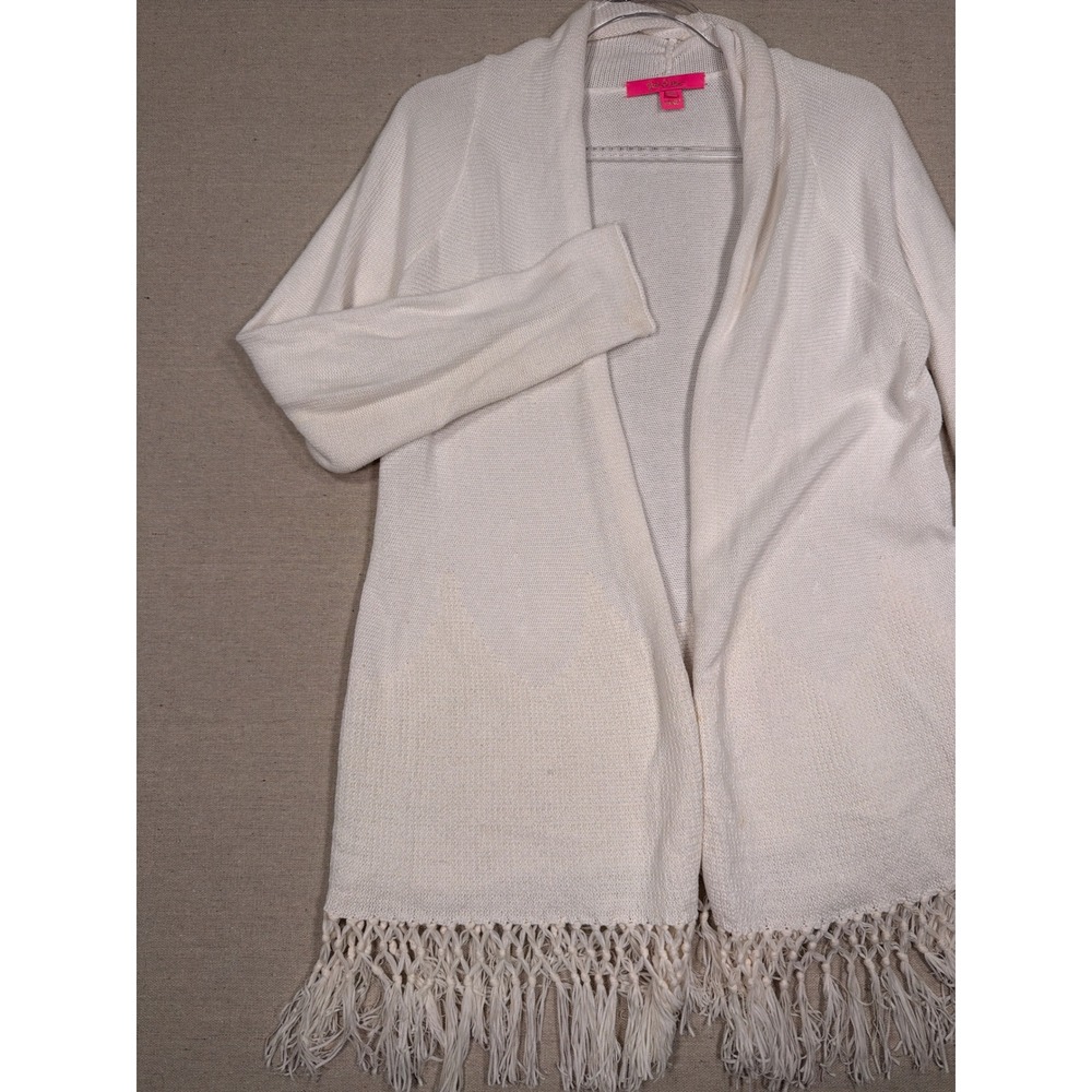 Lilly Pulitzer Womens White Open Front Fringe Hem Knit Cardigan Sweater Size M